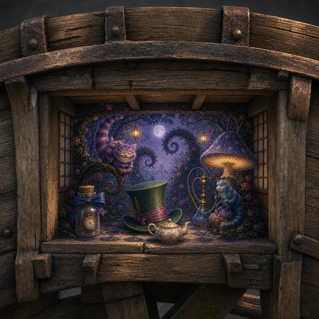 Wonderland characters and tea-party objects inside an old wooden water wheel.
