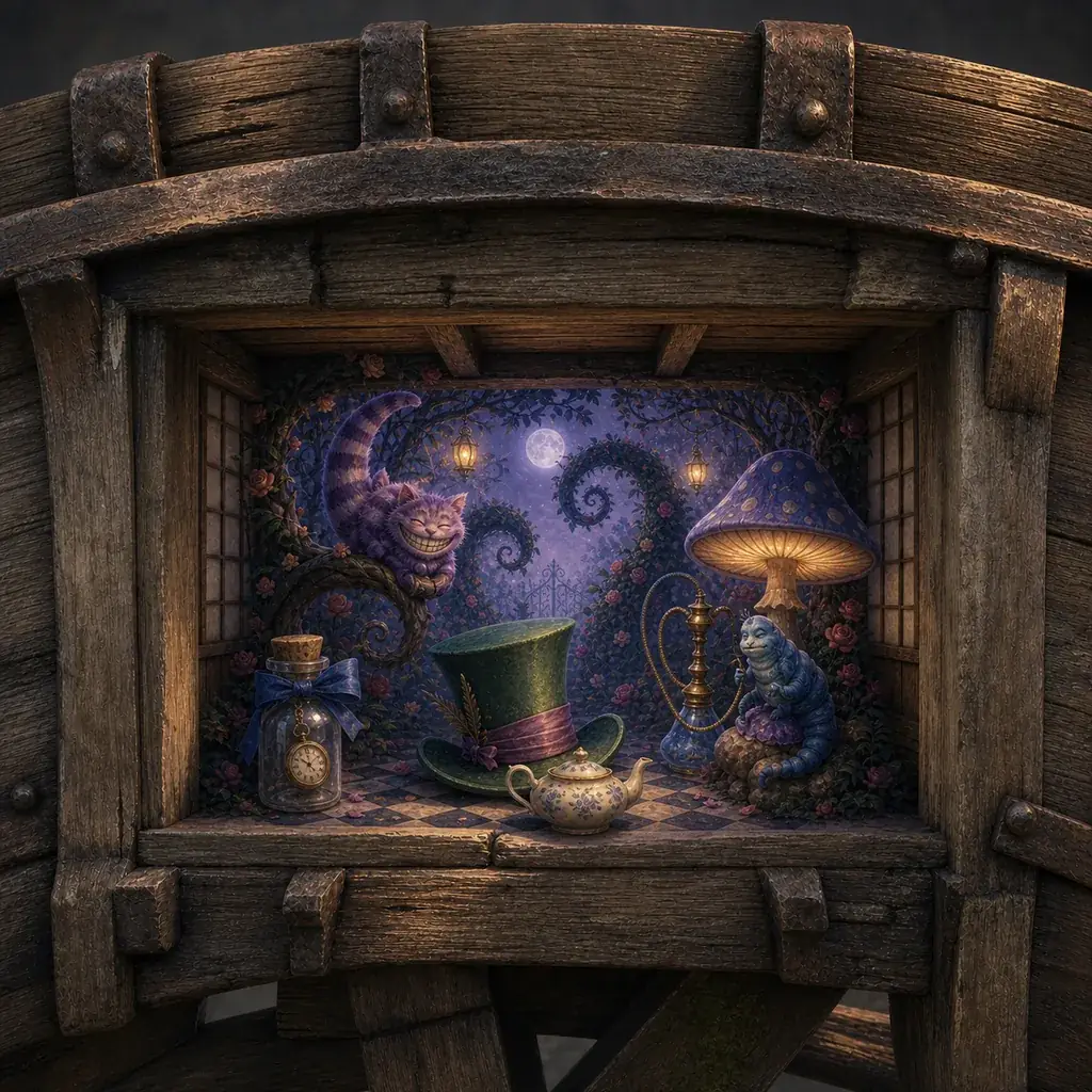 Wonderland characters and tea-party objects inside an old wooden water wheel