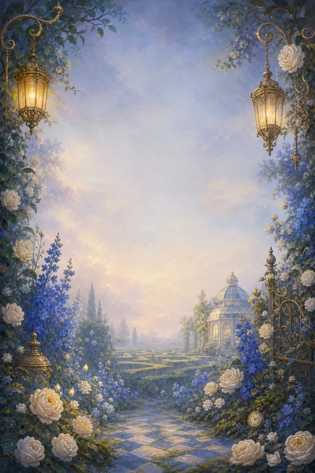 A luminous blue-and-gold Wonderland garden with roses, lanterns, a maze and a distant glasshouse.
