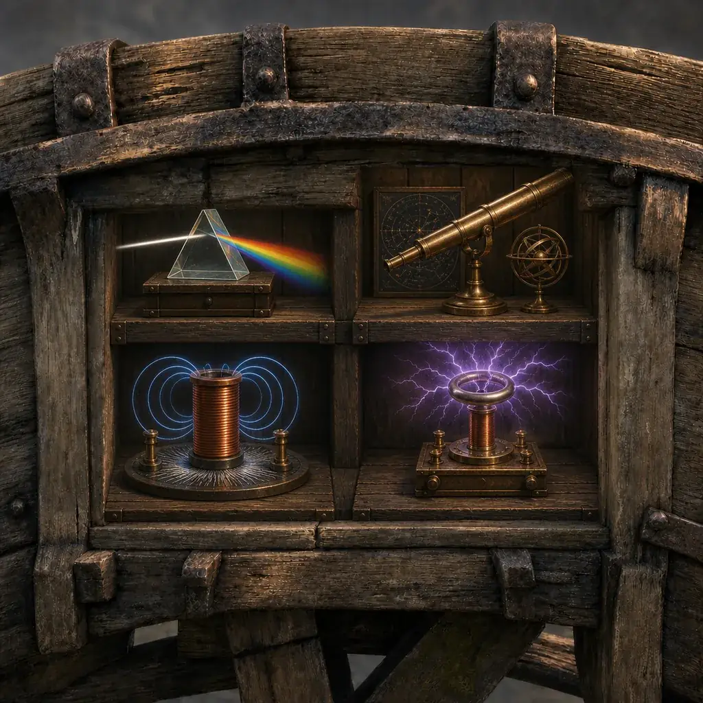 Scientific instruments demonstrating light, astronomy, magnetism and electricity inside a wooden water wheel.