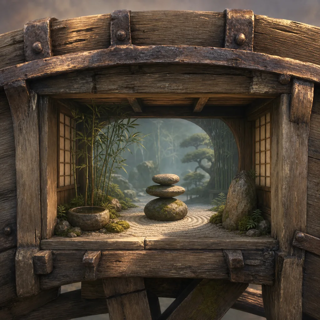 A miniature Zen garden framed inside an old wooden water wheel.